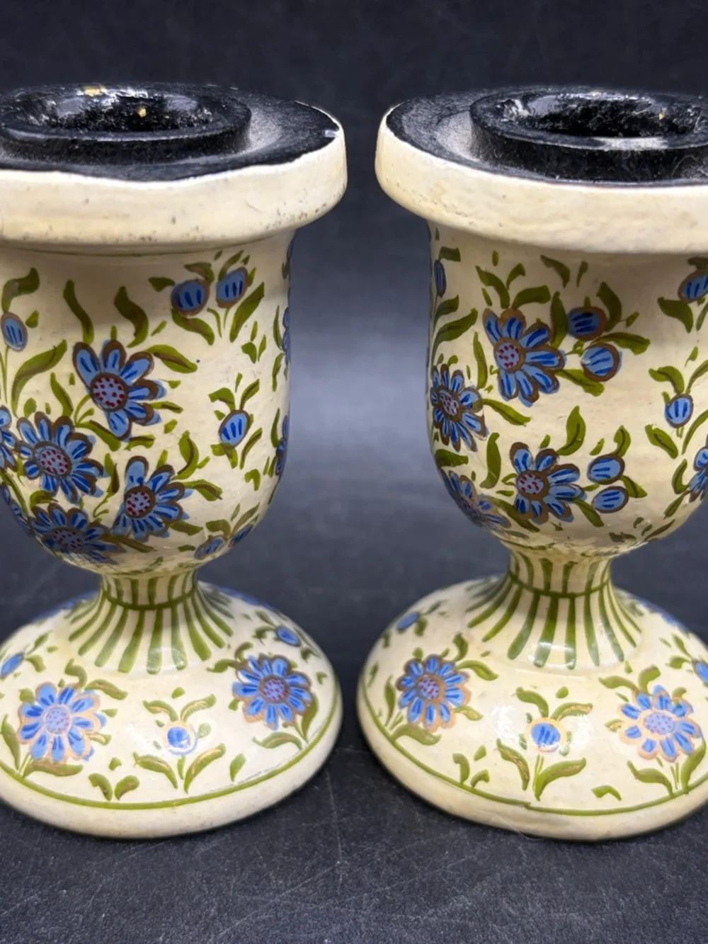 Pair Hand Painted Blue & Gold Tone Floral Flower Candlesticks Candle Holders